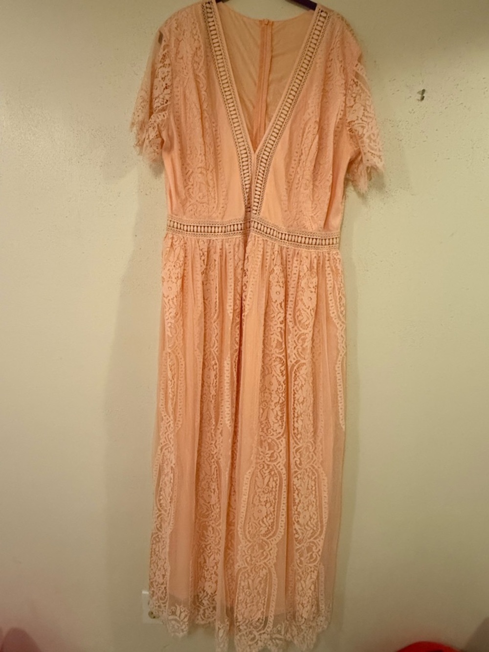 Peach Lace V-Neck Midi Dress